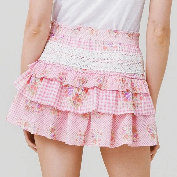 LoveShackFancy Pink Floral Tiered Mini Skirt - Picture 3 of 12